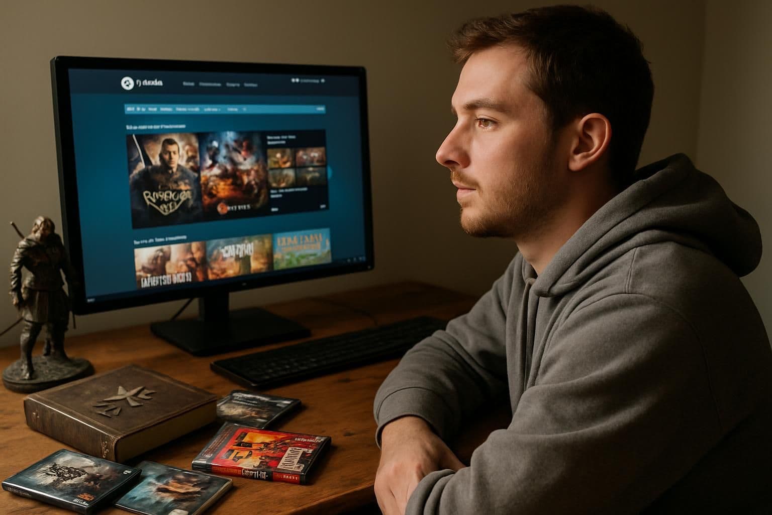 A man sits at a cluttered desk with a computer monitor displaying a vibrant Steam store page and game merchandise. A man sits at a cluttered desk with a computer monitor displaying a vibrant Steam store page and game merchandise.