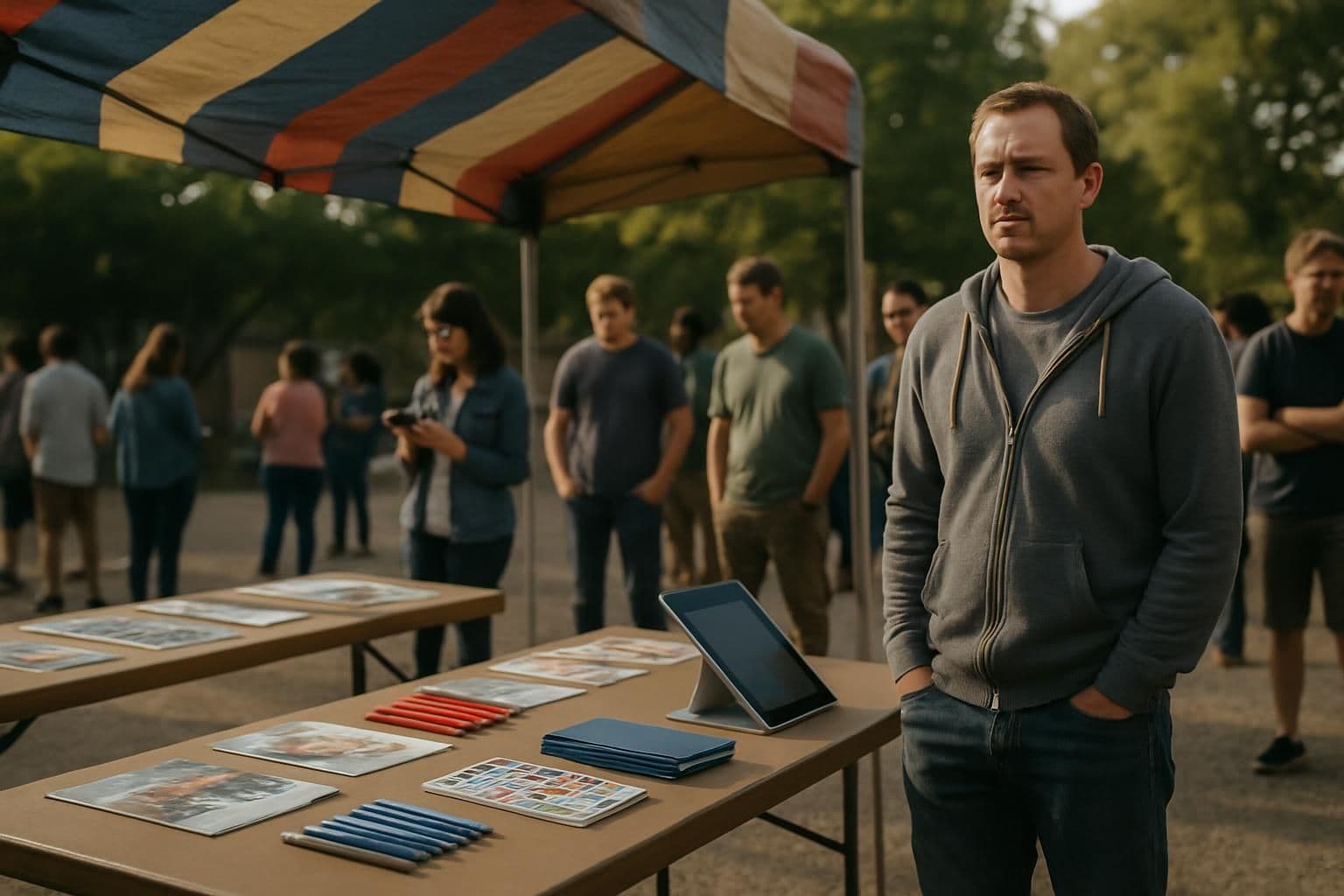 An outdoor community event features promotional tables with brochures, giveaways, and interactive displays, attracting a diverse group of attendees. An outdoor community event features promotional tables with brochures, giveaways, and interactive displays, attracting a diverse group of attendees.