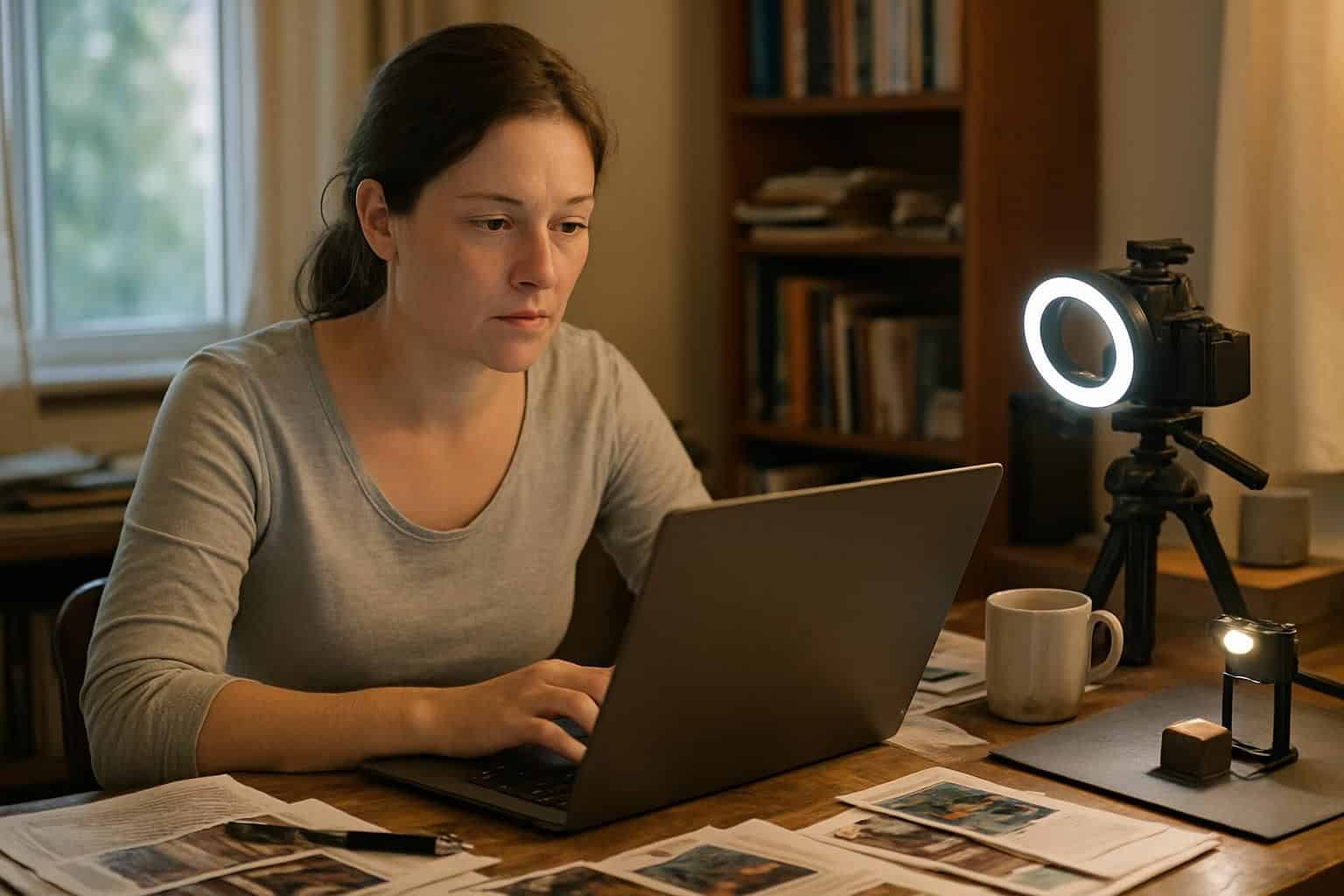 A focused woman in casual attire works at a cluttered home office desk surrounded by printed materials and tools. A focused woman in casual attire works at a cluttered home office desk surrounded by printed materials and tools.