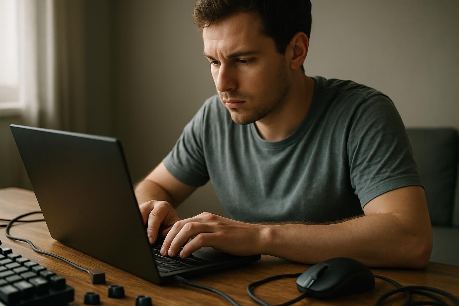 A focused young man types on a laptop at a wooden desk cluttered with gaming accessories. A focused young man types on a laptop at a wooden desk cluttered with gaming accessories.