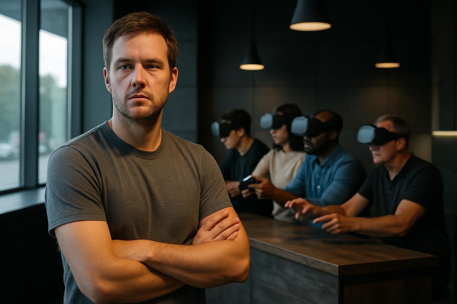 A focused Caucasian man stands near gamers immersed in virtual reality at a modern gaming café. A focused Caucasian man stands near gamers immersed in virtual reality at a modern gaming café.