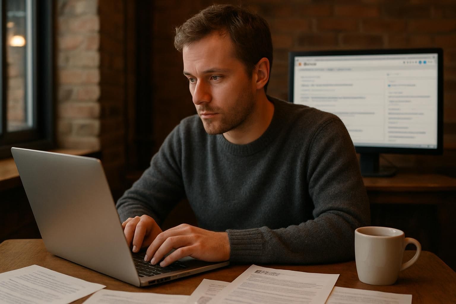 A focused man in a cozy coffee shop works on indie game development materials at a polished wooden table. A focused man in a cozy coffee shop works on indie game development materials at a polished wooden table.