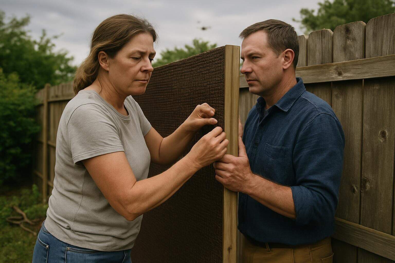 A couple installs privacy screens along a wooden fence in their backyard, displaying focus and collaboration in their task. A couple installs privacy screens along a wooden fence in their backyard, displaying focus and collaboration in their task.
