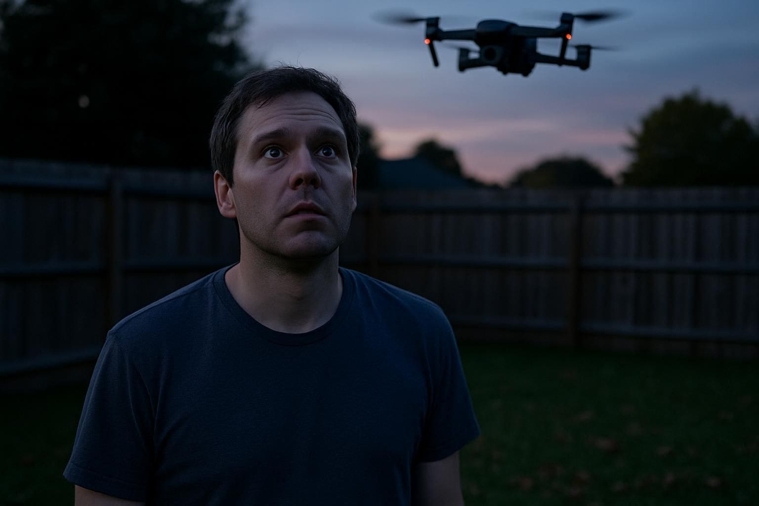 A man in a backyard watches a hovering drone with curiosity and concern. A man in a backyard watches a hovering drone with curiosity and concern.
