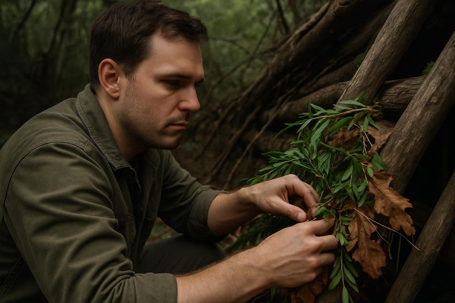 A focused man crouches beside a rustic shelter, weaving branches and leaves to conceal it within a dense forest. A focused man crouches beside a rustic shelter, weaving branches and leaves to conceal it within a dense forest.