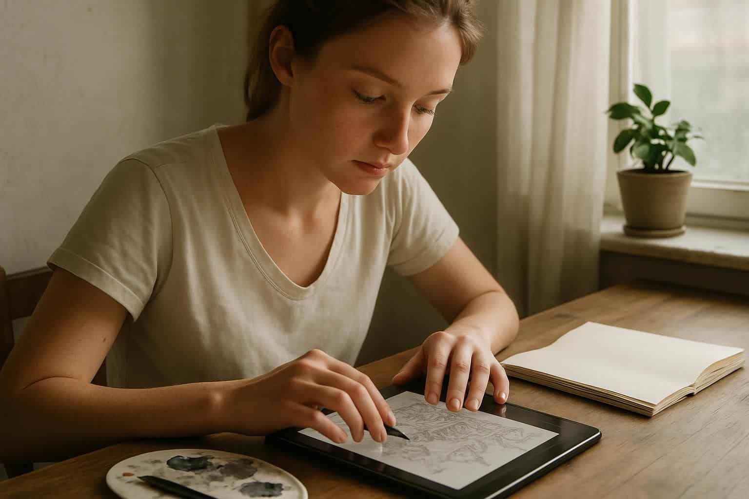 A young woman is deeply focused on her digital illustration at a charming, well-used wooden desk surrounded by art supplies. A young woman is deeply focused on her digital illustration at a charming, well-used wooden desk surrounded by art supplies.