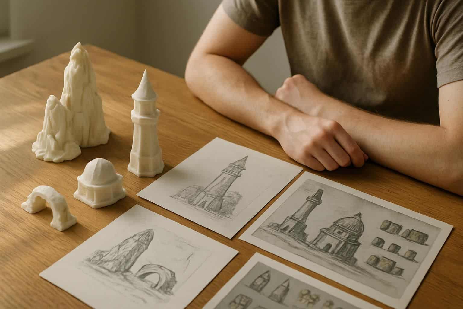 A person is seated at a wooden desk surrounded by organized 3D-printed models and detailed concept art sketches. A person is seated at a wooden desk surrounded by organized 3D-printed models and detailed concept art sketches.