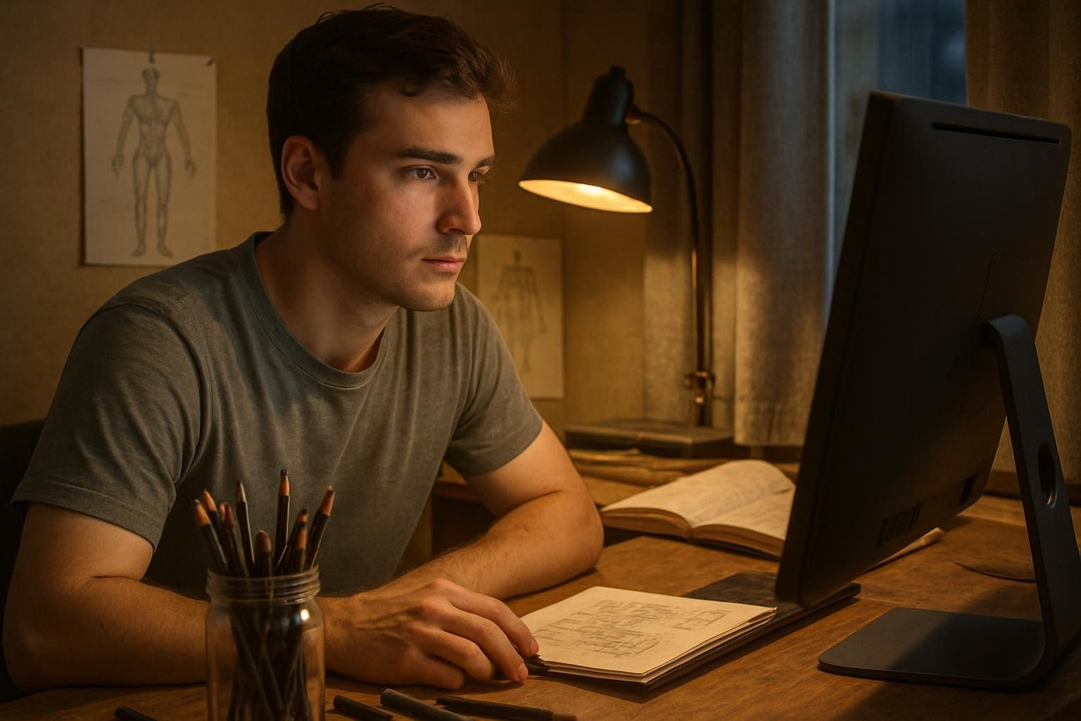 A young man concentrates on his computer while surrounded by art supplies and reference materials in a cluttered workspace. A young man concentrates on his computer while surrounded by art supplies and reference materials in a cluttered workspace.
