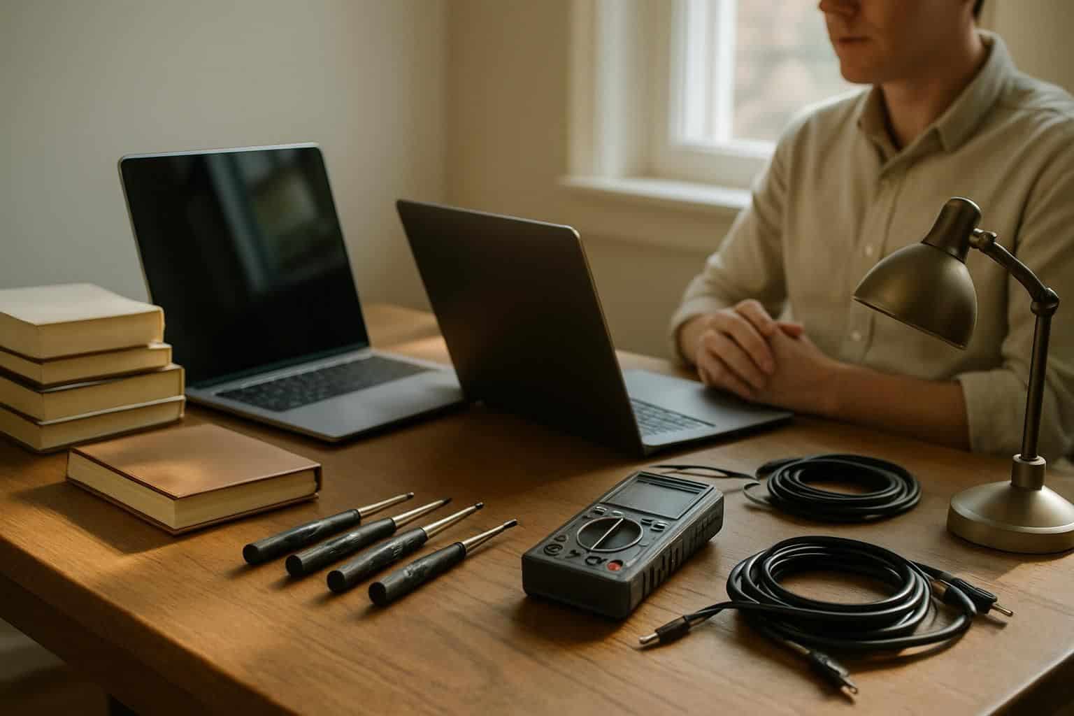 A well-organized home office desk is filled with technical gadgets, reference books, and a leather-bound notebook, suggesting focused productivity. A well-organized home office desk is filled with technical gadgets, reference books, and a leather-bound notebook, suggesting focused productivity.