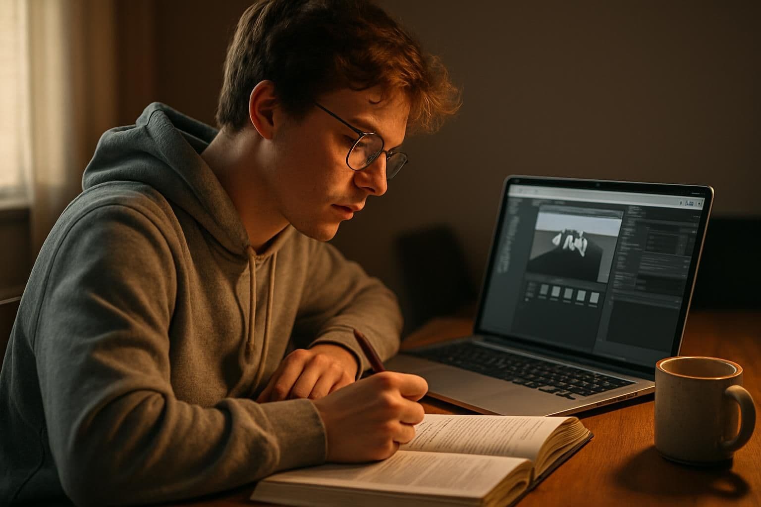 A young adult studies at a wooden desk surrounded by college textbooks and a laptop displaying a Unity course. A young adult studies at a wooden desk surrounded by college textbooks and a laptop displaying a Unity course.