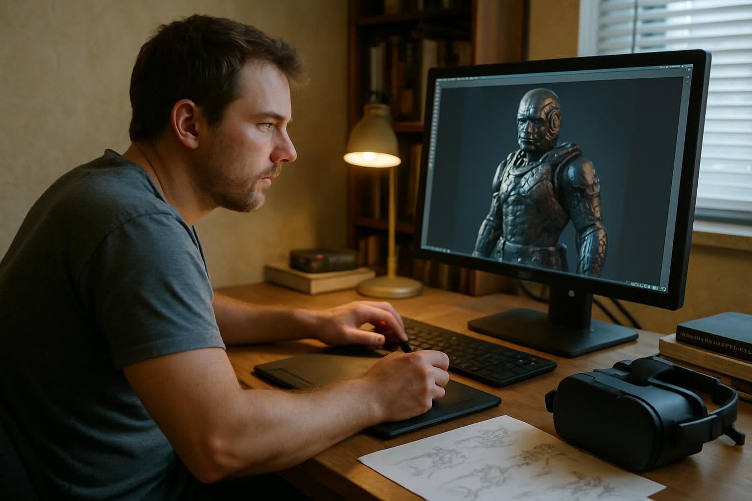 A focused man works on a 3D character model in a cluttered home office filled with art supplies and sketches. A focused man works on a 3D character model in a cluttered home office filled with art supplies and sketches.