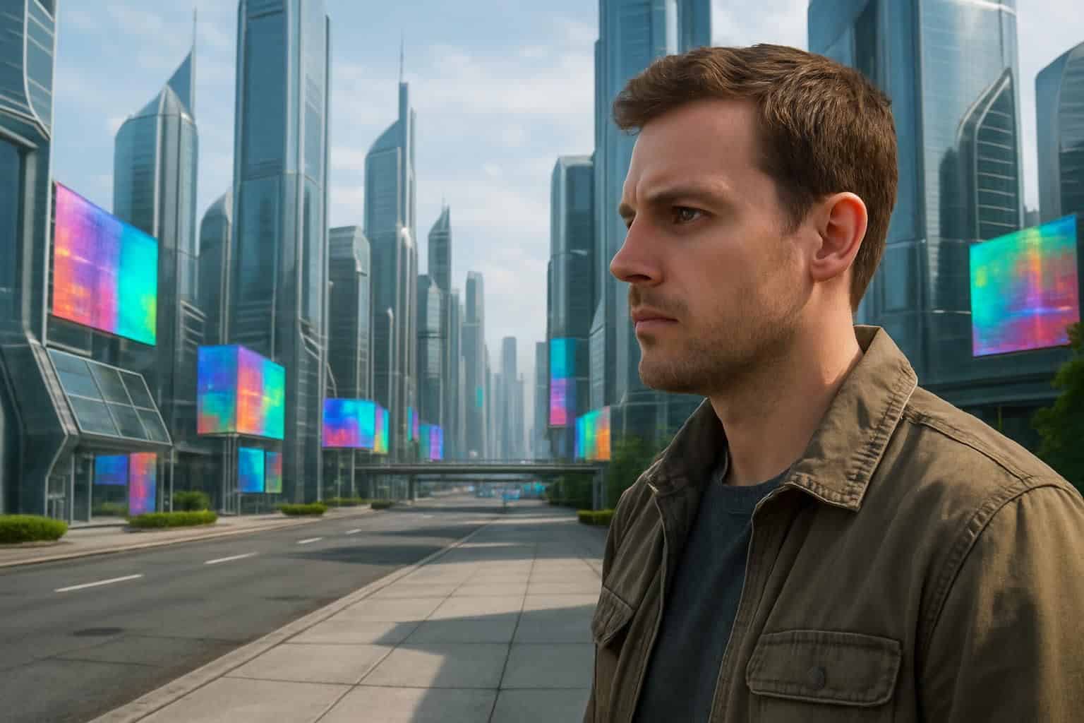 A man stands thoughtfully in a futuristic cityscape filled with sleek skyscrapers and vibrant holographic billboards. A man stands thoughtfully in a futuristic cityscape filled with sleek skyscrapers and vibrant holographic billboards.