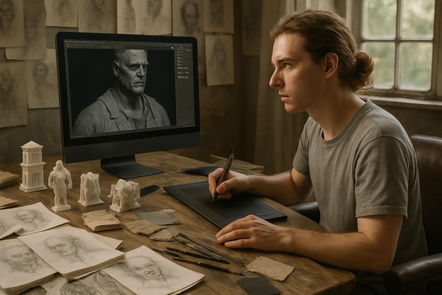 An artist works in a cluttered studio filled with sketches, 3D models, and various art materials. An artist works in a cluttered studio filled with sketches, 3D models, and various art materials.