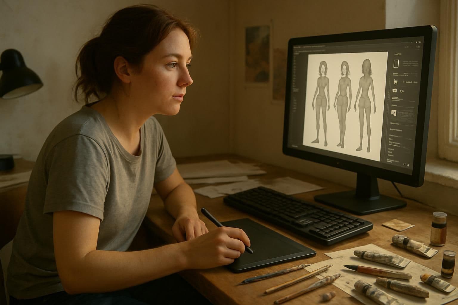 A young woman creates art at a cluttered desk, focused on a character design tutorial on her computer. A young woman creates art at a cluttered desk, focused on a character design tutorial on her computer.