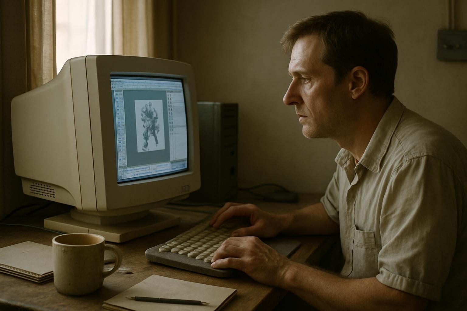 A middle-aged man works intently at a vintage CRT monitor surrounded by art supplies and an old computer setup. A middle-aged man works intently at a vintage CRT monitor surrounded by art supplies and an old computer setup.