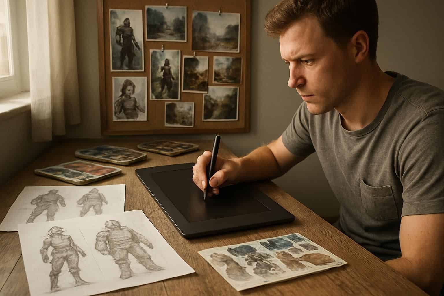 A video game artist's workspace features sketches, a digital tablet, and a mood board, reflecting creativity and focus. A video game artist's workspace features sketches, a digital tablet, and a mood board, reflecting creativity and focus.