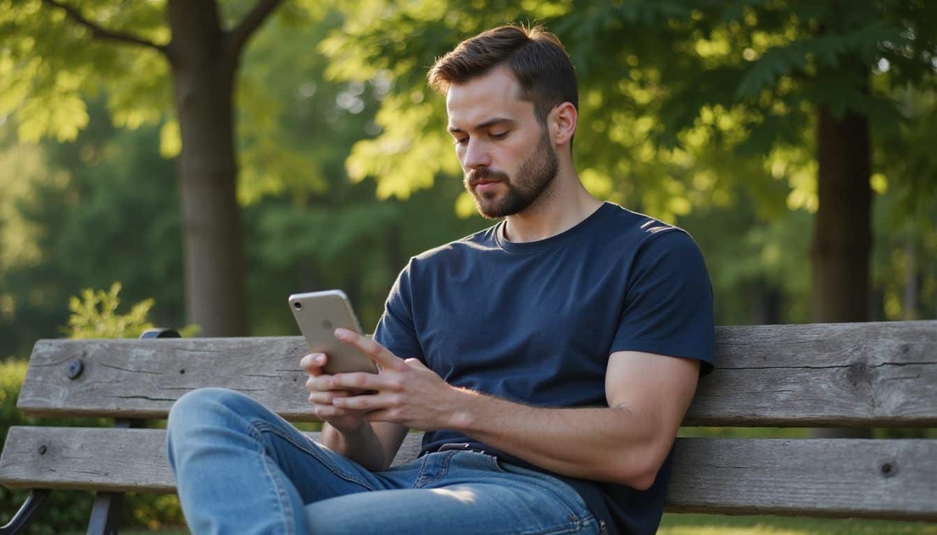 A man in casual attire sits on a park bench, focused on a conversation with an AI girlfriend app.