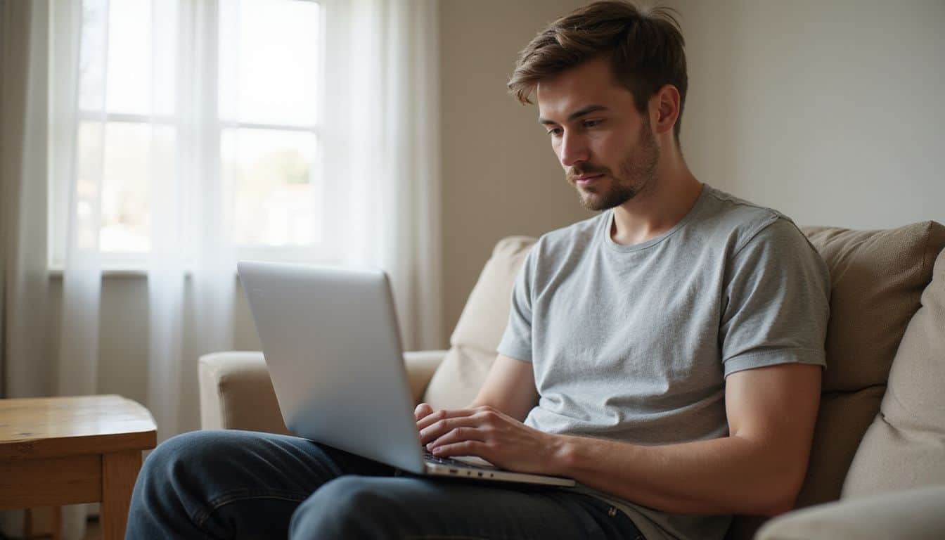 A young adult sits on a couch, engaged in conversation while working on a laptop. A young adult sits on a couch, engaged in conversation while working on a laptop.