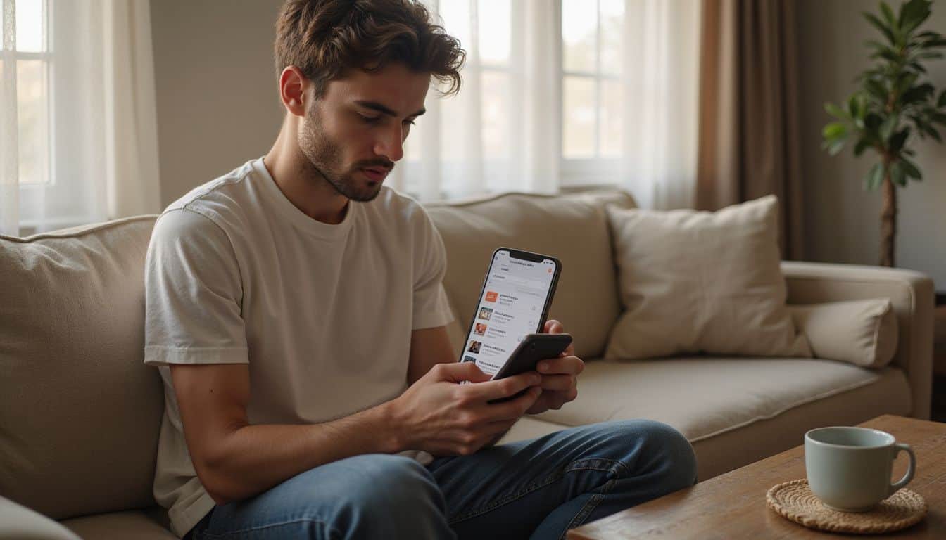 A young adult relaxes on a sofa, focused on scrolling through AI girlfriend app listings on their smartphone. A young adult relaxes on a sofa, focused on scrolling through AI girlfriend app listings on their smartphone.