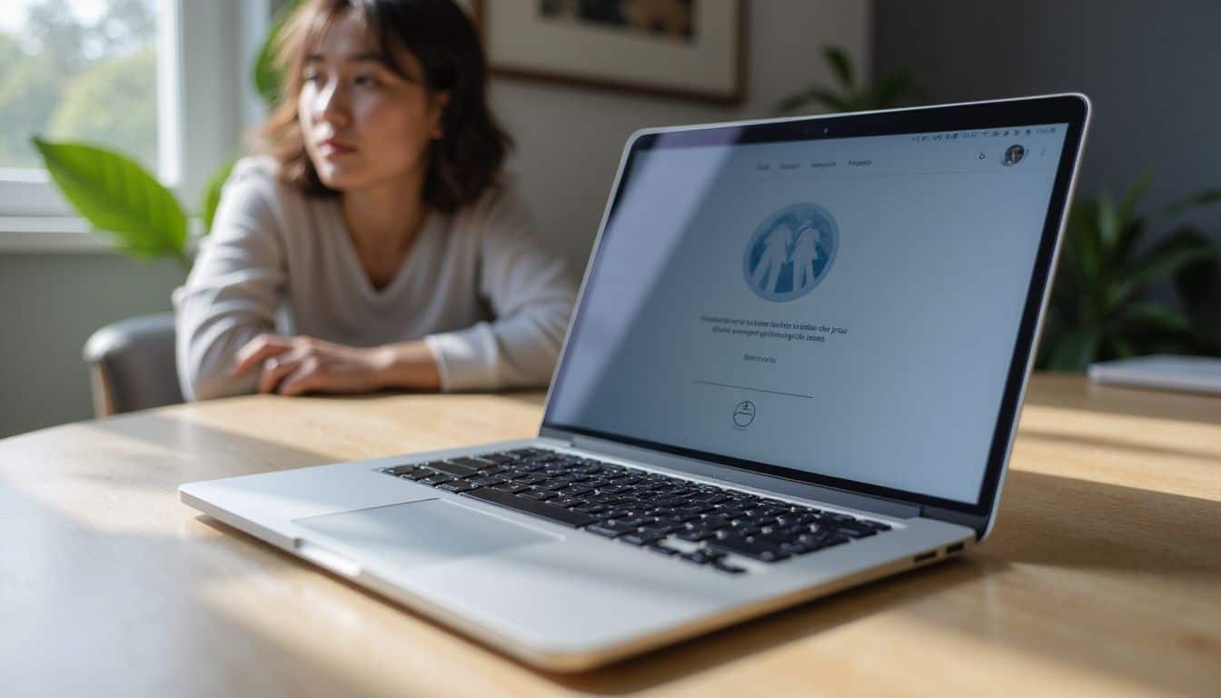 A laptop displaying a minimalist AI girlfriend app rests on an oak desk, accompanied by a partially visible figure. A laptop displaying a minimalist AI girlfriend app rests on an oak desk, accompanied by a partially visible figure.