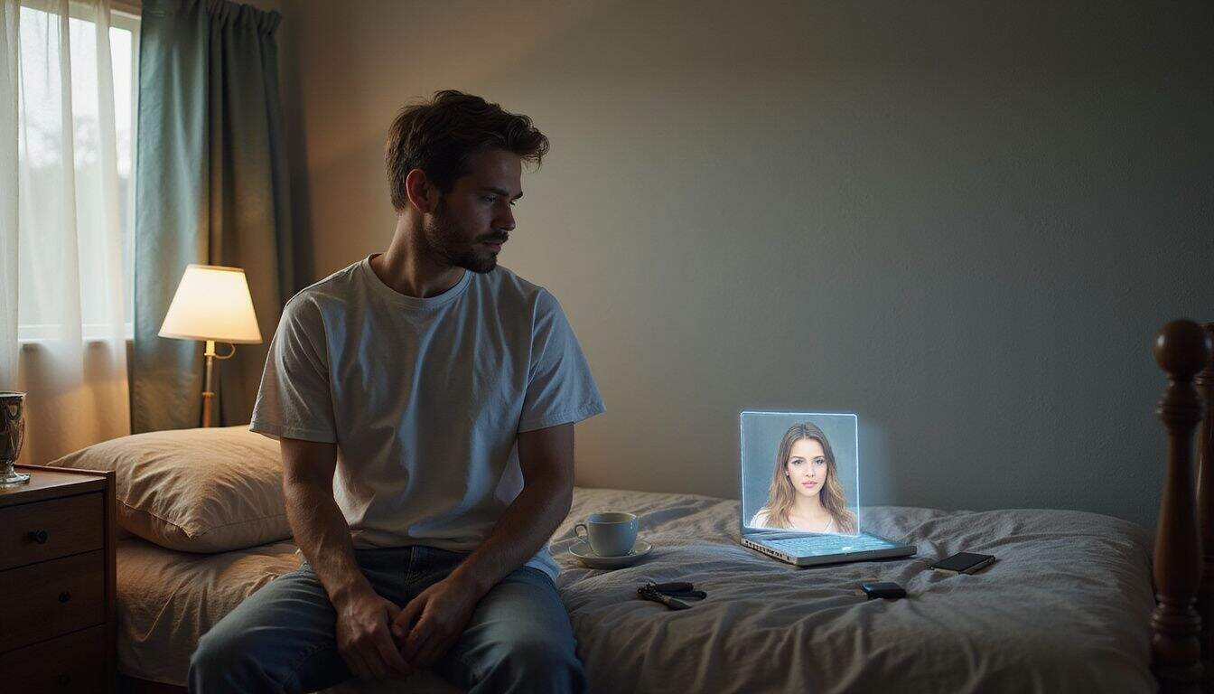 A man interacts with a lifelike AI girlfriend avatar on his laptop in a cozy bedroom.