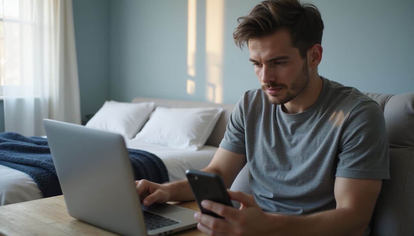 A man in a grey shirt sits in a bedroom, focused on his smartphone and laptop, engaged in conversation. A man in a grey shirt sits in a bedroom, focused on his smartphone and laptop, engaged in conversation.