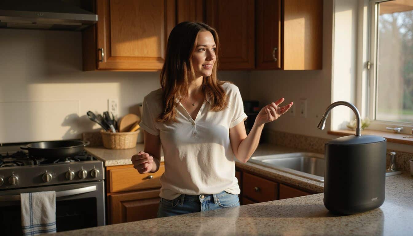 A woman in her thirties engages animatedly with a smart speaker in a cozy, well-used kitchen. A woman in her thirties engages animatedly with a smart speaker in a cozy, well-used kitchen.