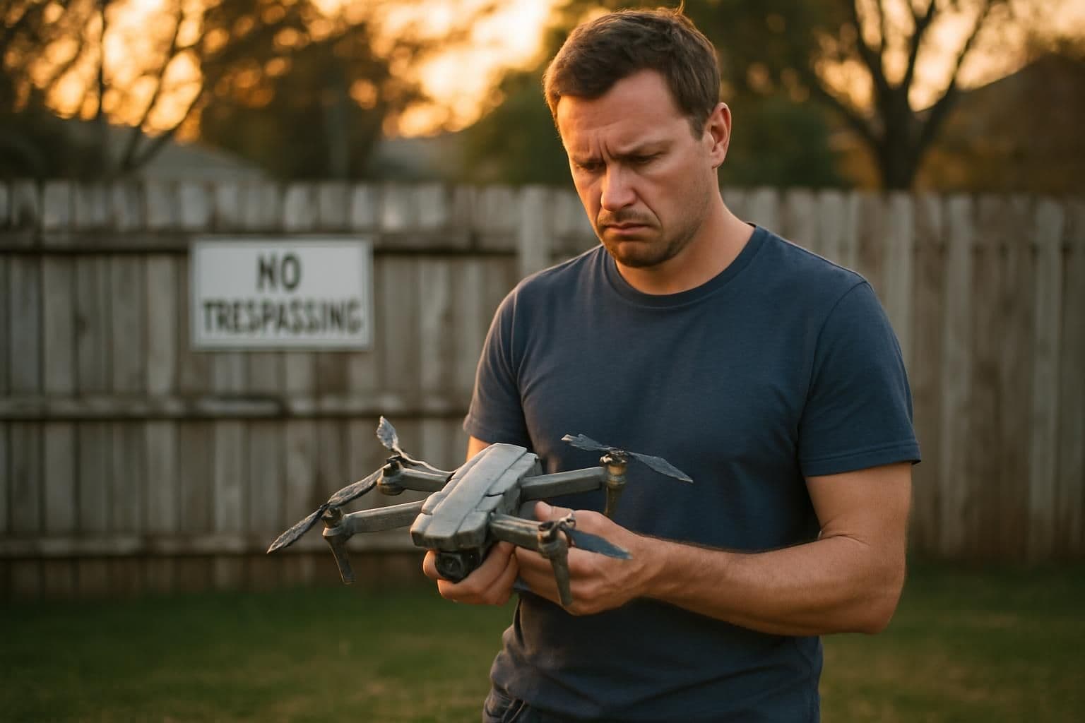 A frustrated man examines his damaged drone in a suburban backyard with a 'No Trespassing' sign in the background. A frustrated man examines his damaged drone in a suburban backyard with a 'No Trespassing' sign in the background.