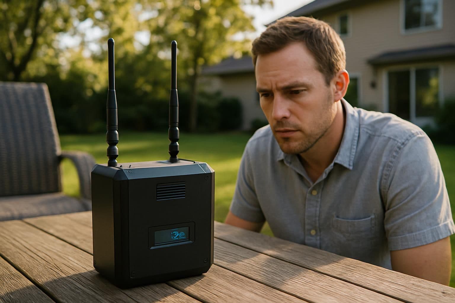 A man inspects a sleek drone detection scanner on a wooden deck in a suburban backyard. A man inspects a sleek drone detection scanner on a wooden deck in a suburban backyard.