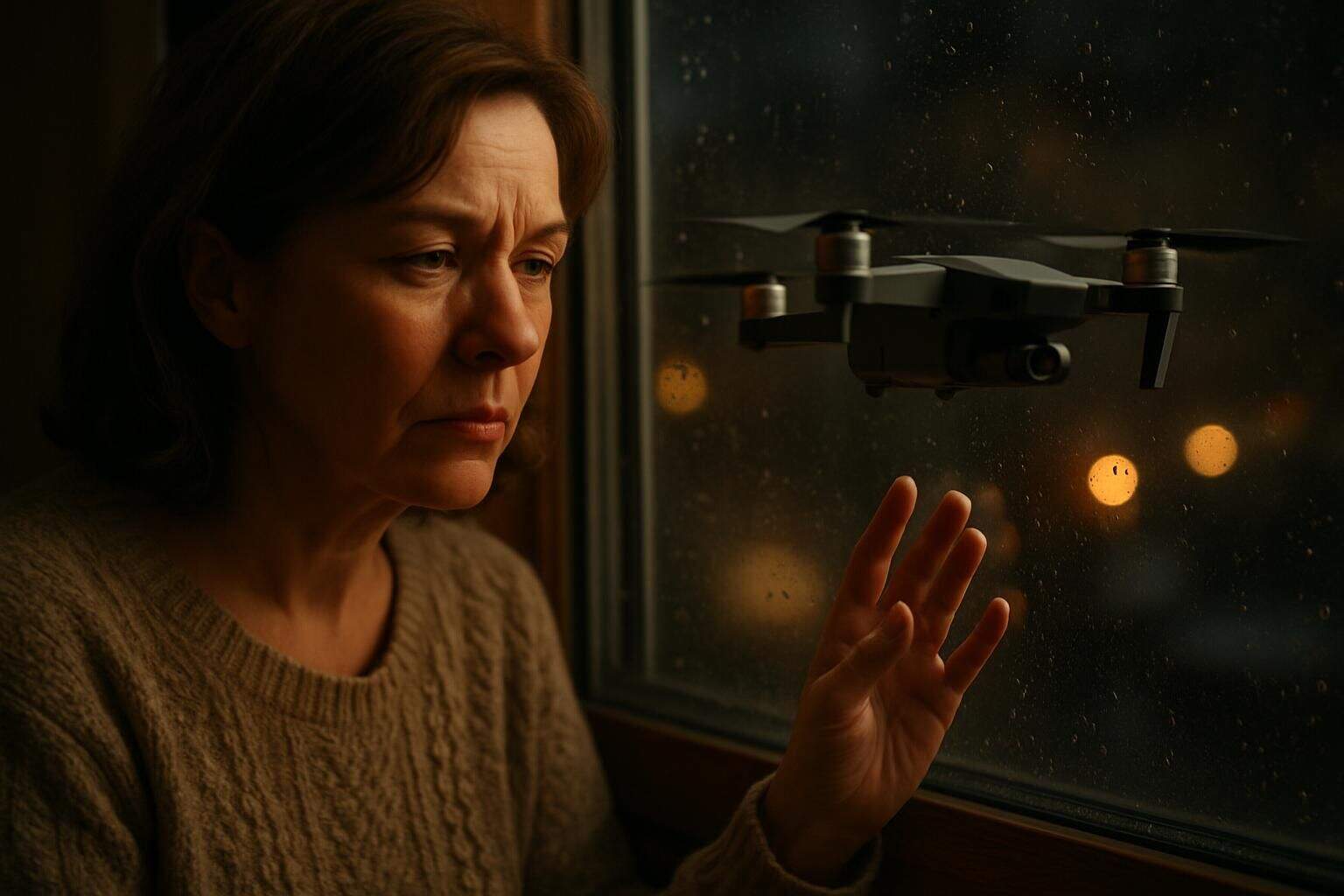 A contemplative middle-aged woman observes a matte-gray drone hovering outside her rain-speckled window. A contemplative middle-aged woman observes a matte-gray drone hovering outside her rain-speckled window.