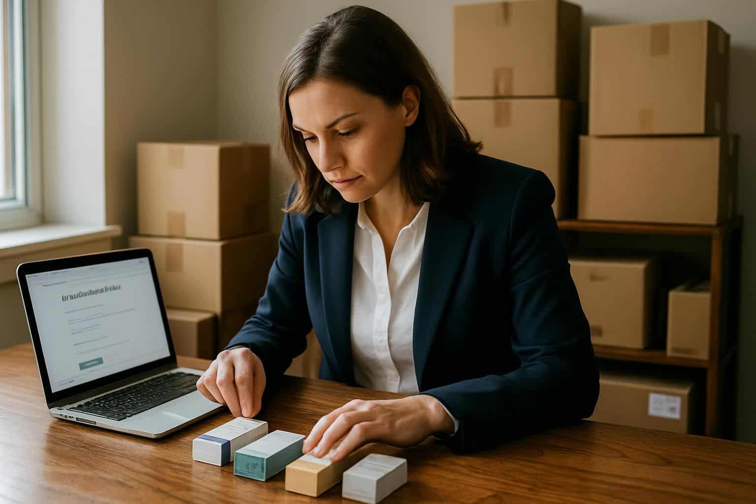 A focused businesswoman examines product packages at a cluttered desk while managing subscription service details on her laptop. A focused businesswoman examines product packages at a cluttered desk while managing subscription service details on her laptop.