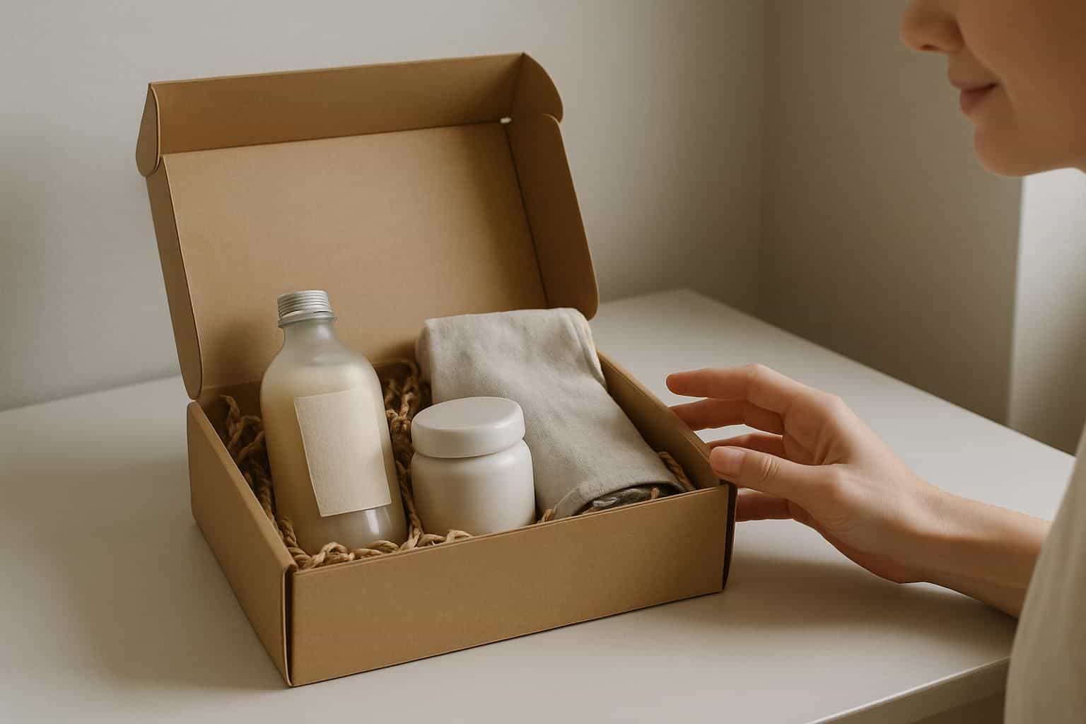 An open subscription box reveals a curated assortment of products arranged on a smooth, white surface. An open subscription box reveals a curated assortment of products arranged on a smooth, white surface.