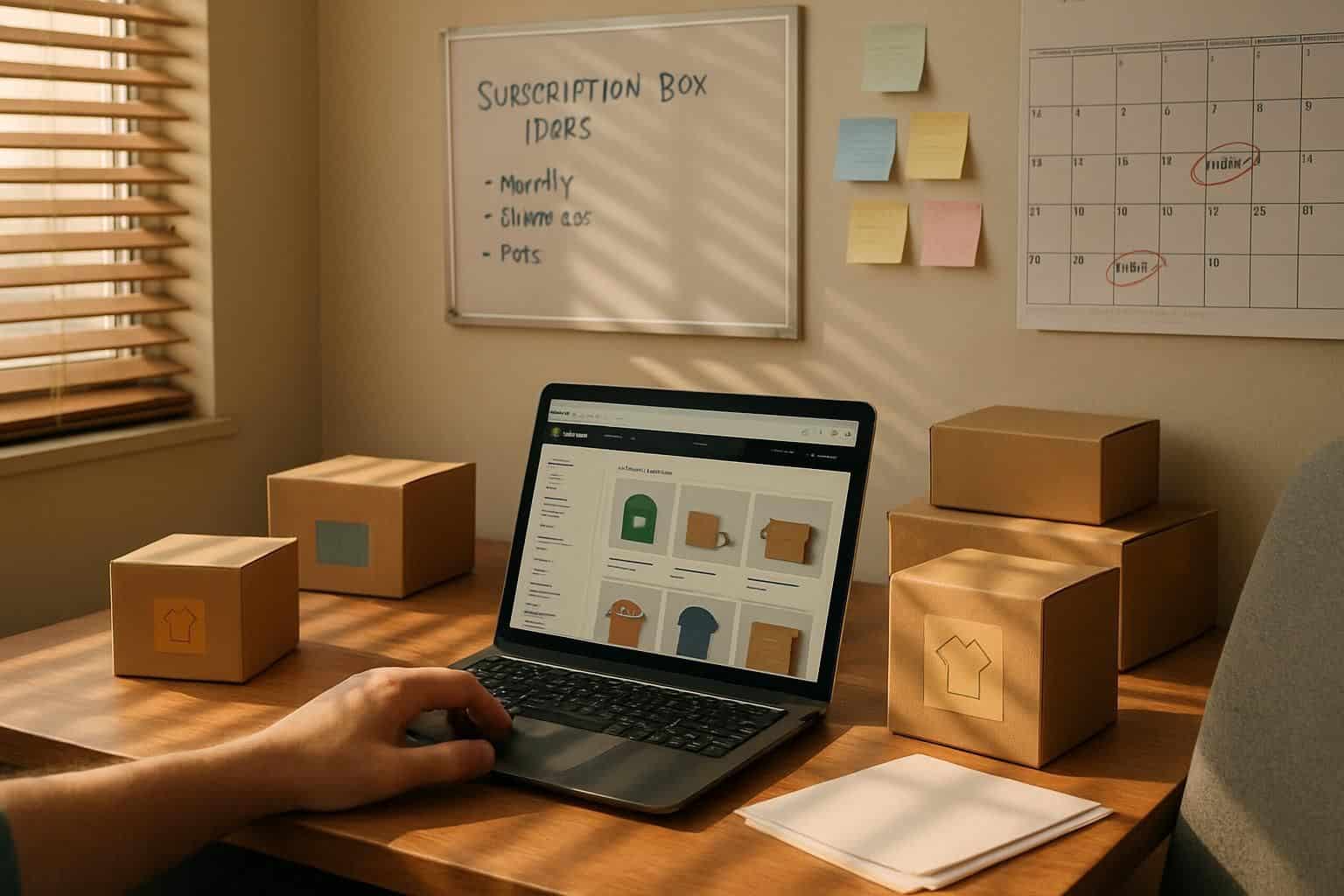 A cluttered home office features a laptop, product boxes, a whiteboard with ideas, and a calendar with important dates. A cluttered home office features a laptop, product boxes, a whiteboard with ideas, and a calendar with important dates.