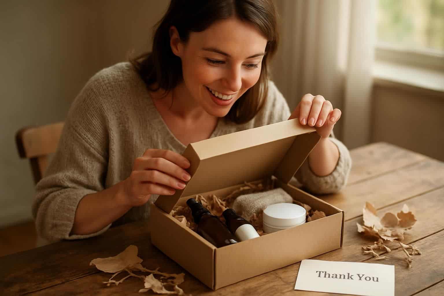 A woman excitedly opens a subscription box filled with beauty products while sitting at a rustic wooden table. A woman excitedly opens a subscription box filled with beauty products while sitting at a rustic wooden table.