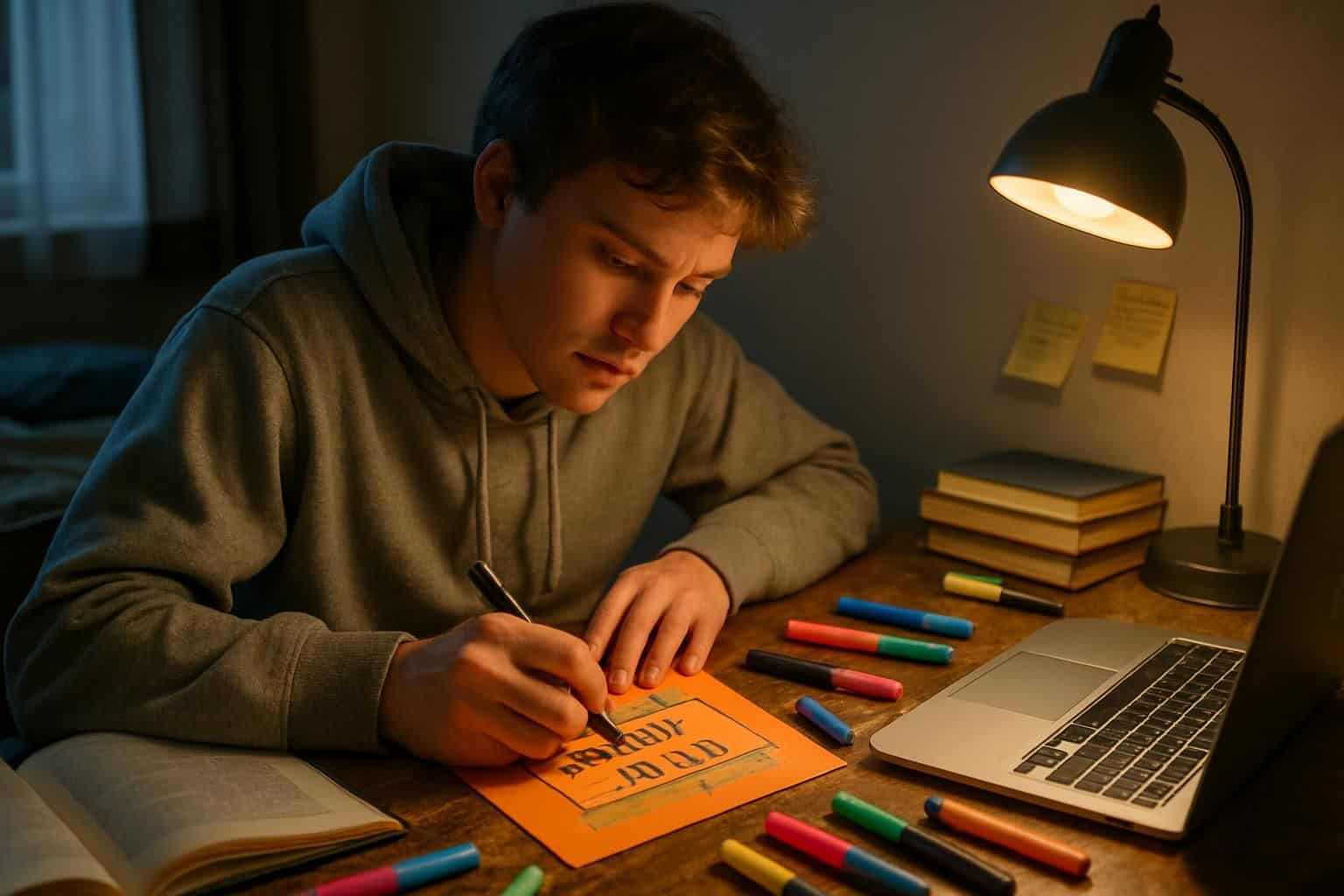 A focused college student sits at a cluttered desk, sketching a study plan with scattered books and colorful supplies. A focused college student sits at a cluttered desk, sketching a study plan with scattered books and colorful supplies.