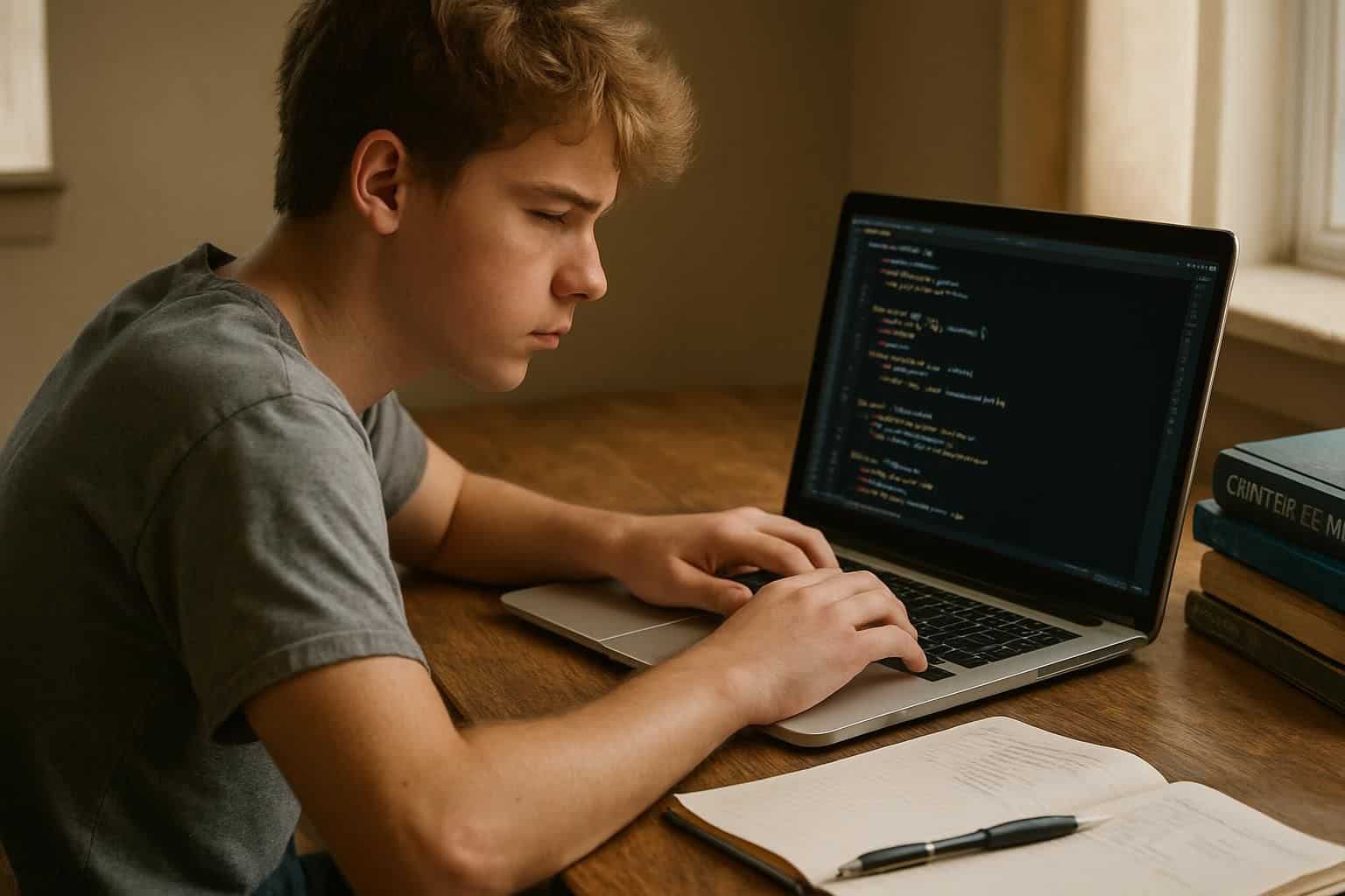 A focused teenage boy studies Python code at a cluttered wooden desk surrounded by notebooks and textbooks. A focused teenage boy studies Python code at a cluttered wooden desk surrounded by notebooks and textbooks.