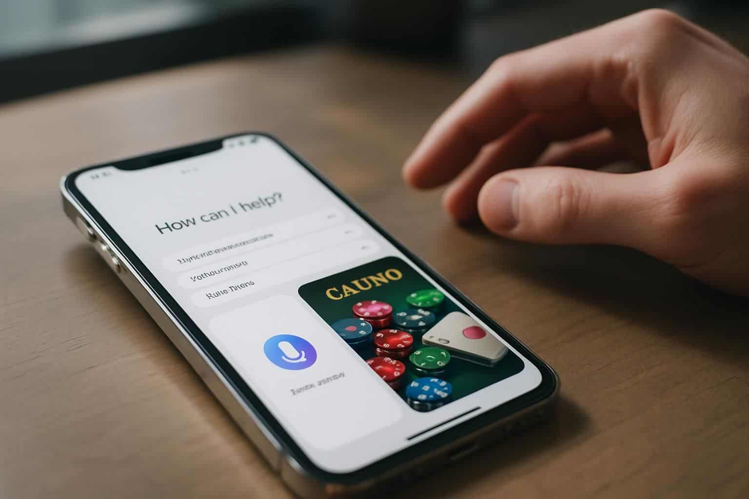 A smartphone rests on a wooden desk, displaying a virtual assistant and a casino app, highlighting user interaction. A smartphone rests on a wooden desk, displaying a virtual assistant and a casino app, highlighting user interaction.