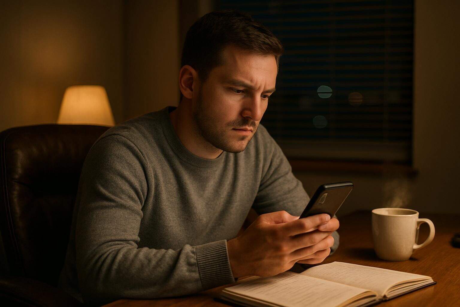 A focused man in a gray sweater sits in a leather chair, holding a smartphone amid open notebooks. A focused man in a gray sweater sits in a leather chair, holding a smartphone amid open notebooks.