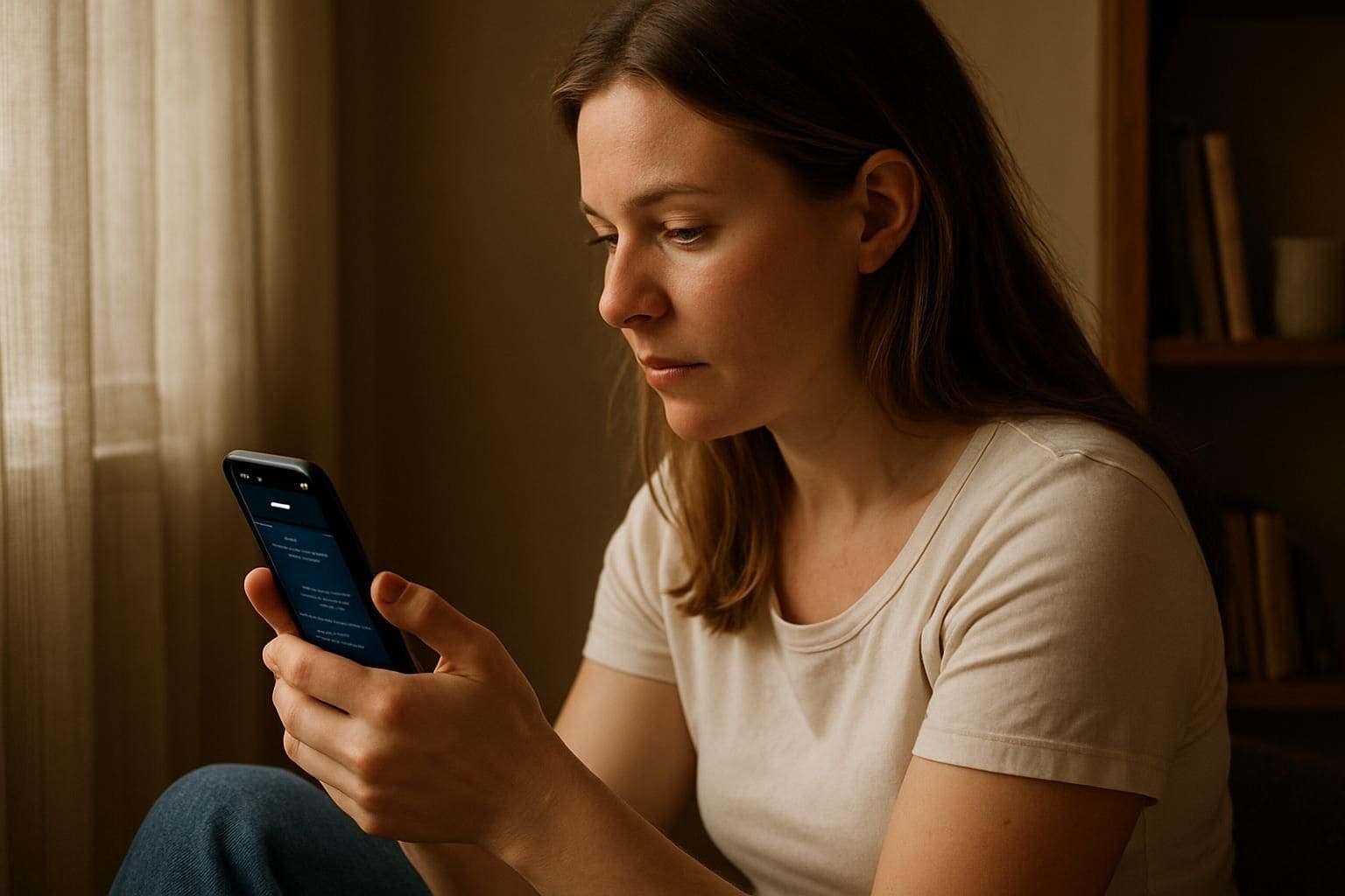A woman in her mid-30s attentively interacts with a smartphone displaying a chatbot interface while seated indoors. A woman in her mid-30s attentively interacts with a smartphone displaying a chatbot interface while seated indoors.