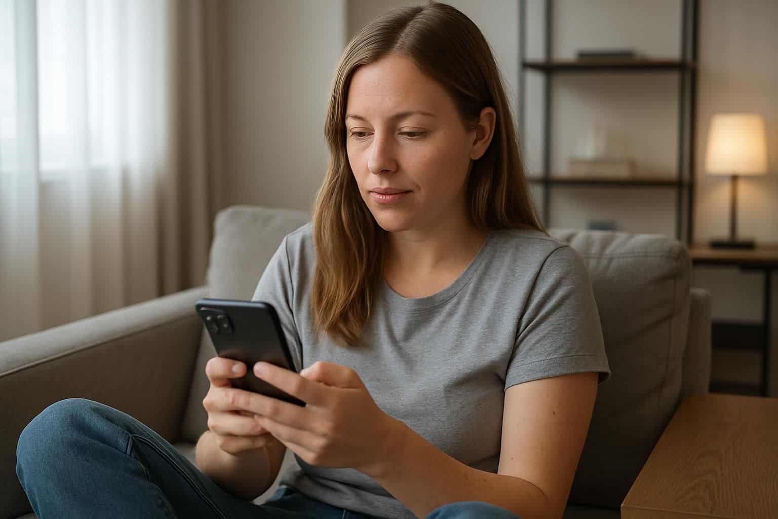 A woman in casual attire sits on a sofa, focused on her smartphone amidst a modern, minimalist living room. A woman in casual attire sits on a sofa, focused on her smartphone amidst a modern, minimalist living room.