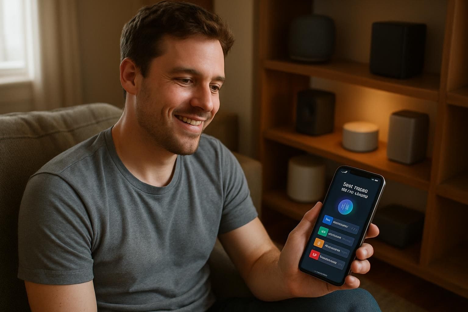 A relaxed man sits on a sofa, using a smartphone in a cozy, tech-filled living room. A relaxed man sits on a sofa, using a smartphone in a cozy, tech-filled living room.