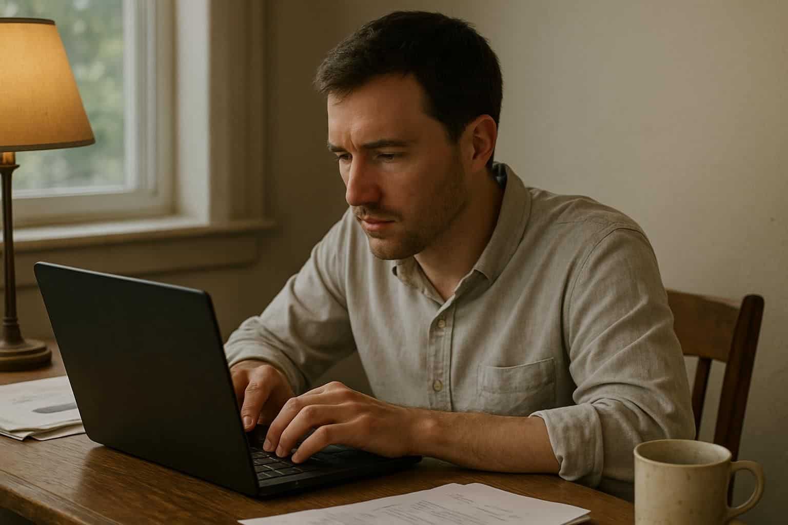 A focused young man works at a wooden desk, surrounded by papers and a laptop in a cozy workspace. A focused young man works at a wooden desk, surrounded by papers and a laptop in a cozy workspace.
