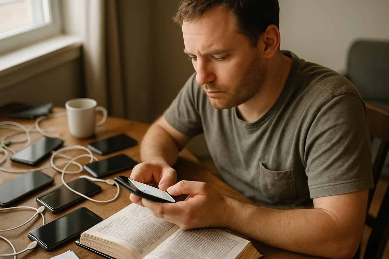 A focused man in casual attire navigates smartphone setup at a cluttered wooden desk filled with tech items. A focused man in casual attire navigates smartphone setup at a cluttered wooden desk filled with tech items.