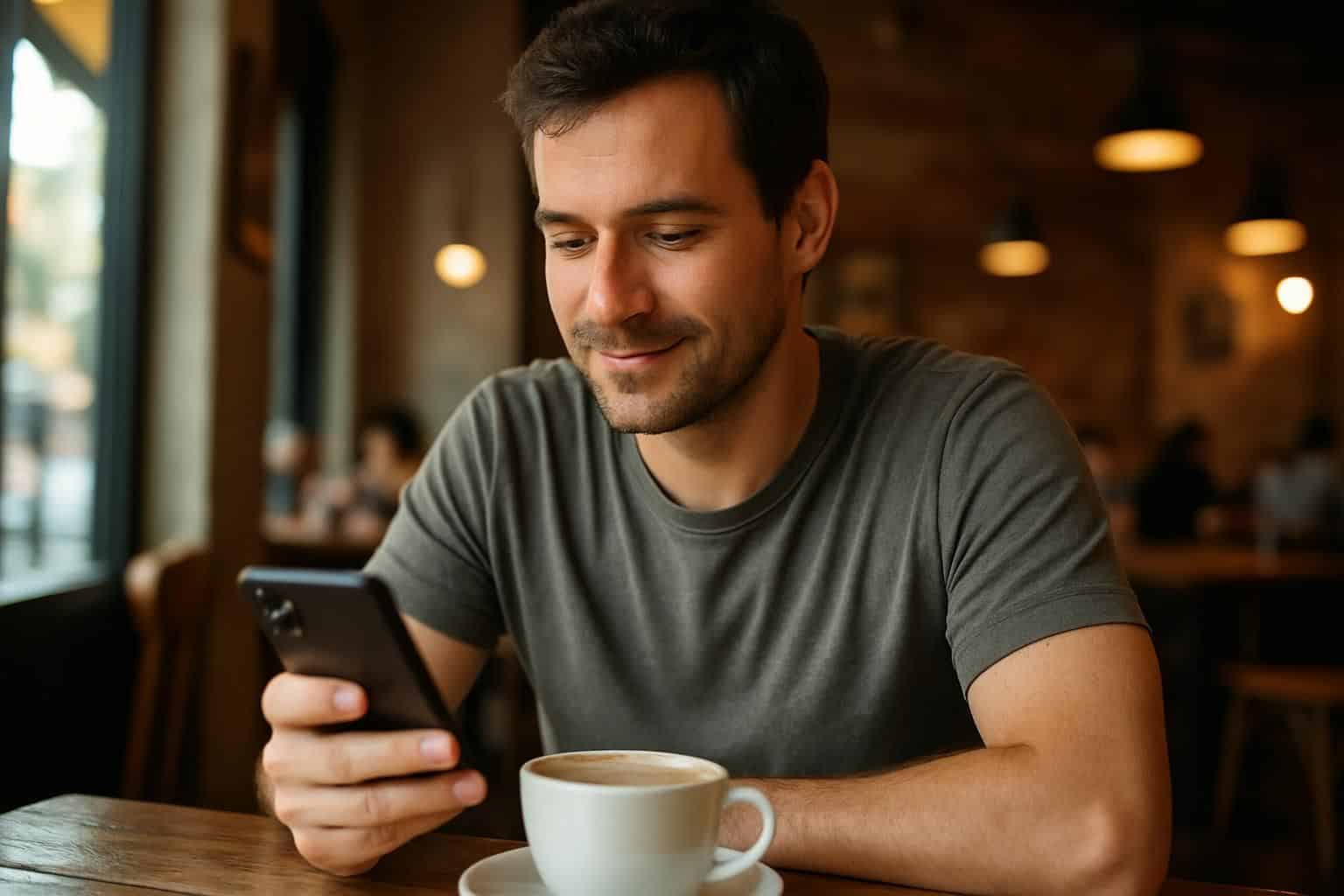 A man in a cozy coffee shop enjoys a moment of satisfaction while looking at his smartphone. A man in a cozy coffee shop enjoys a moment of satisfaction while looking at his smartphone.