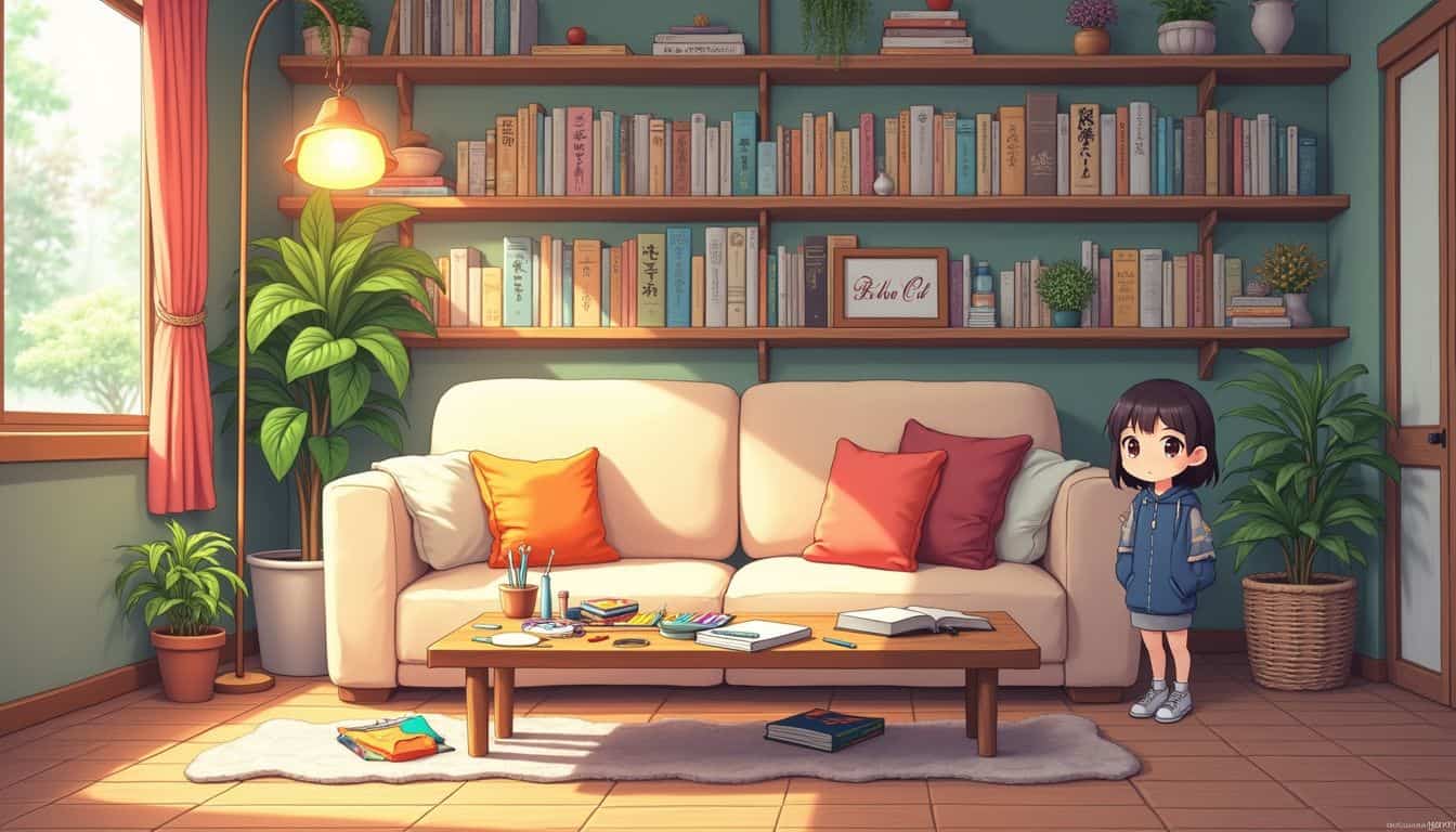 A cozy anime-style living room filled with manga, art supplies, and a relaxed character, creating a warm, creative atmosphere. A cozy anime-style living room filled with manga, art supplies, and a relaxed character, creating a warm, creative atmosphere.