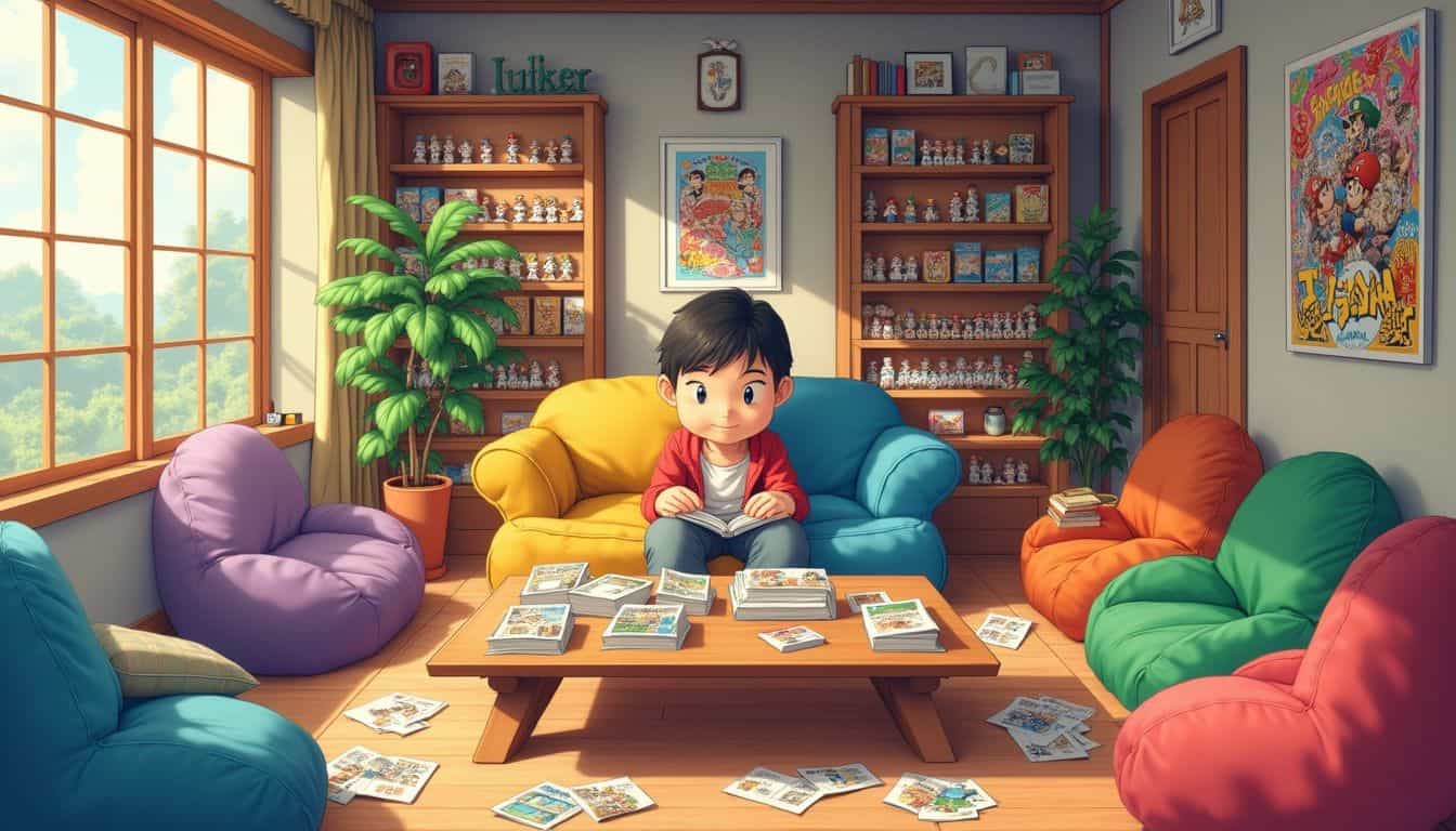 A cozy anime-style living room features manga, plush bean bags, LEGO figures, and a relaxed character in a slice-of-life scene. A cozy anime-style living room features manga, plush bean bags, LEGO figures, and a relaxed character in a slice-of-life scene.