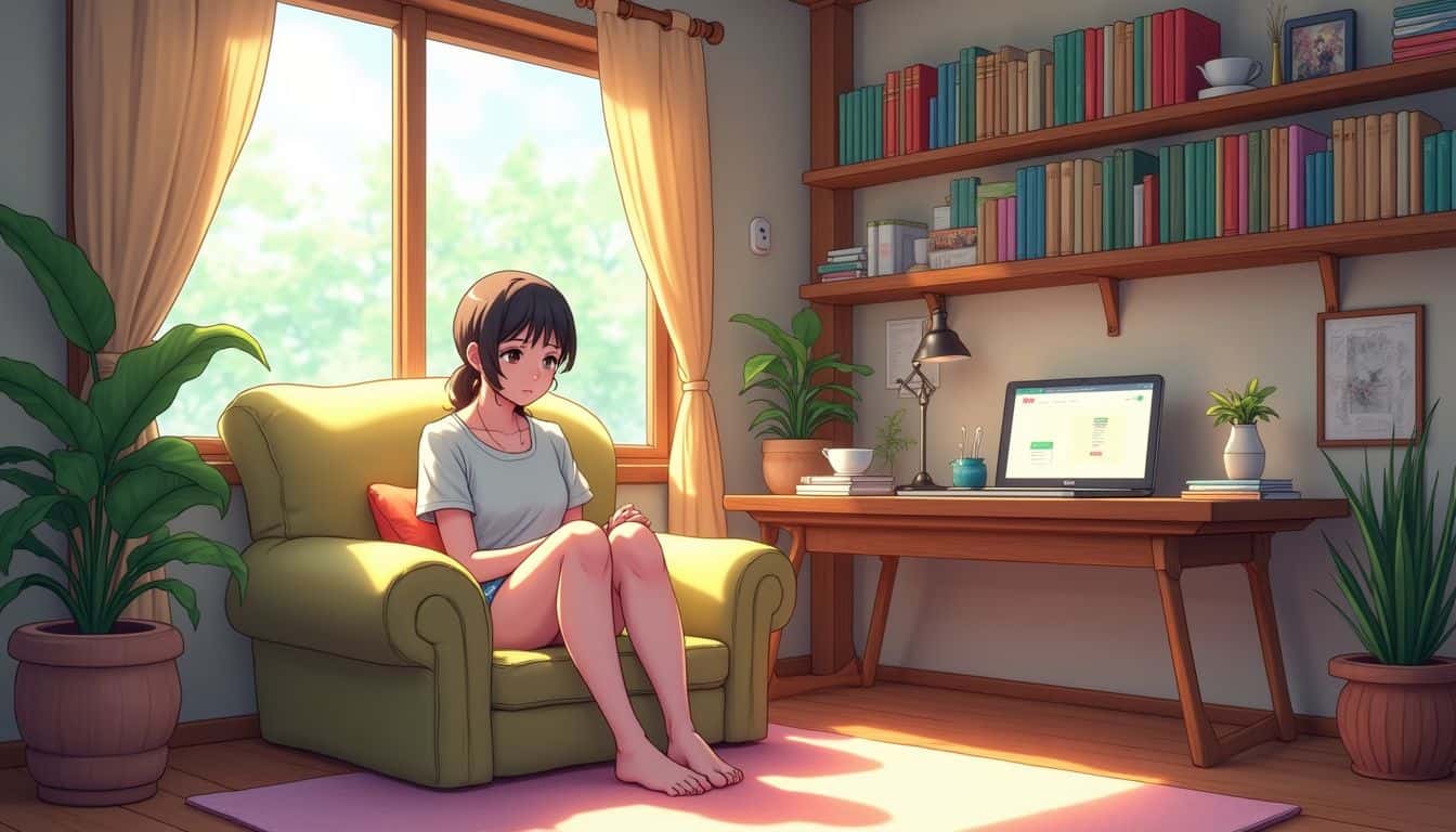A cozy anime-style bedroom features a plush chair, colorful manga, and a relaxed person at a desk with a laptop. A cozy anime-style bedroom features a plush chair, colorful manga, and a relaxed person at a desk with a laptop.