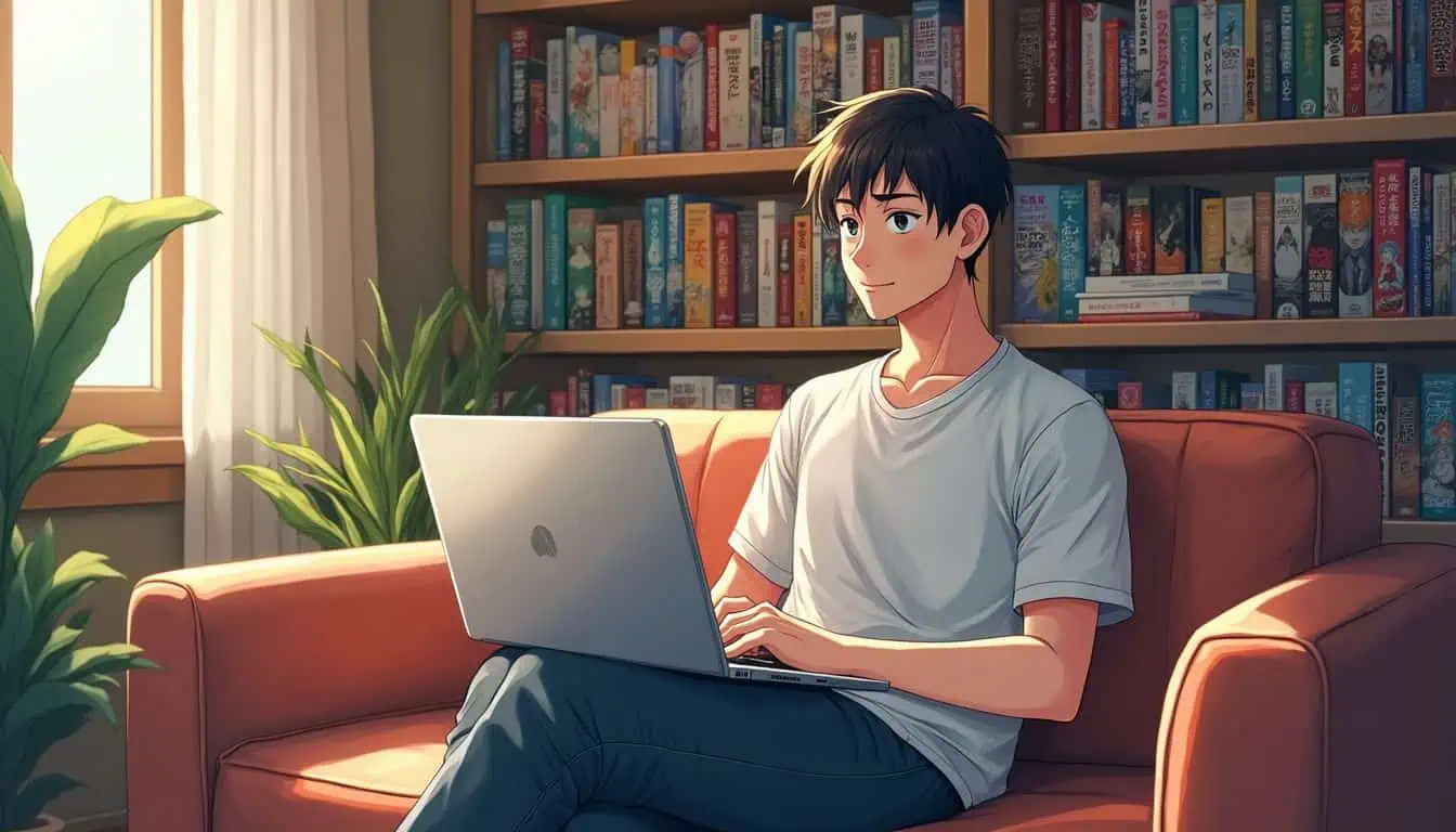 A young man relaxes on a sofa surrounded by colorful manga, engaging with the MangaBuddy website on his laptop. A young man relaxes on a sofa surrounded by colorful manga, engaging with the MangaBuddy website on his laptop.