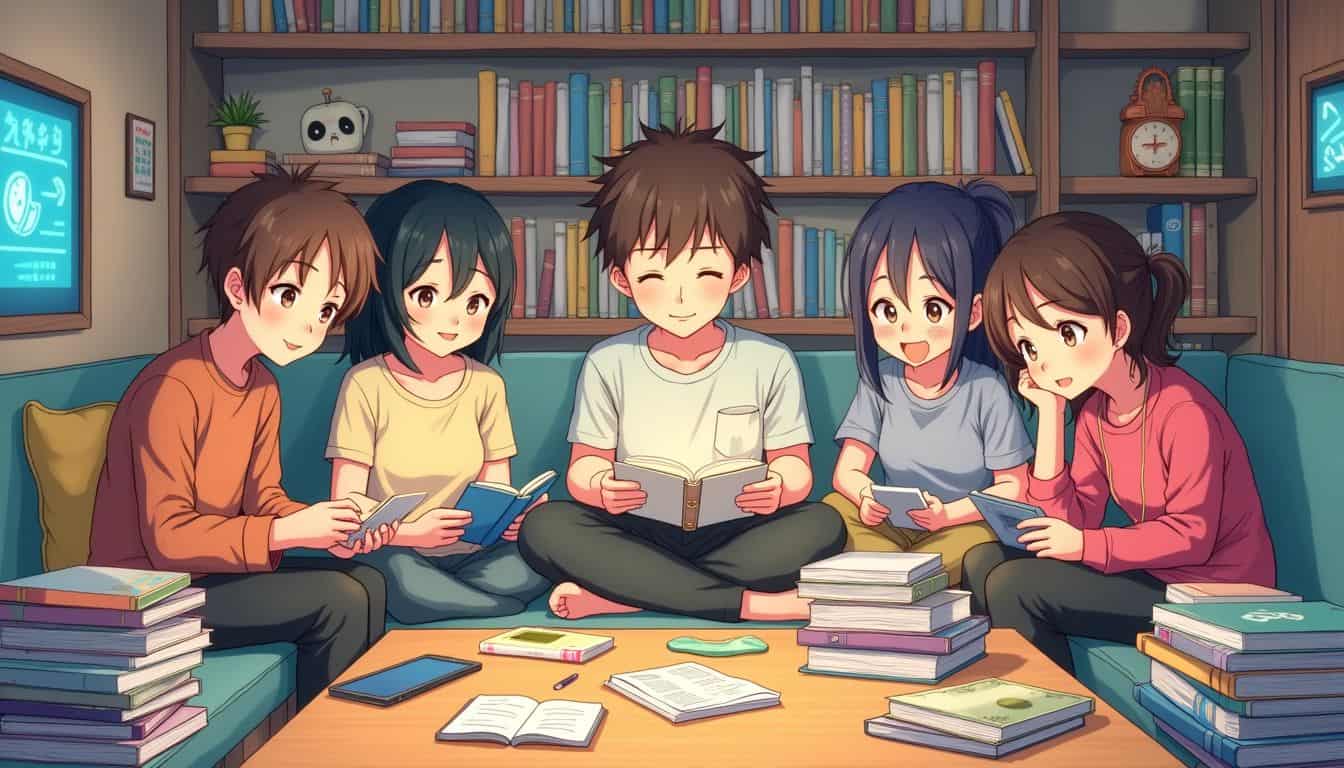 A diverse group of manga fans enjoys a cozy virtual environment filled with manga volumes and digital devices. A diverse group of manga fans enjoys a cozy virtual environment filled with manga volumes and digital devices.