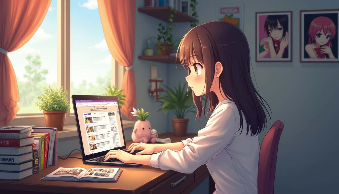 A teenage girl sits at her desk, focused on her laptop amidst colorful manga posters and stacks of manga volumes. A teenage girl sits at her desk, focused on her laptop amidst colorful manga posters and stacks of manga volumes.